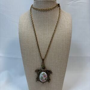 Vintage Brass Tone Turtle with Painted Porcelain Back Pendant Necklace -unique
